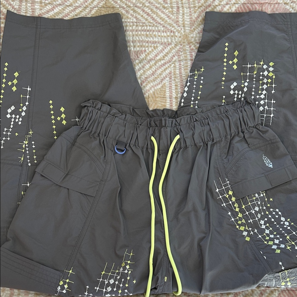 Free People Charcoal Gray Wide-Leg Cargo Jumpsuit with Neon Yellow Accents